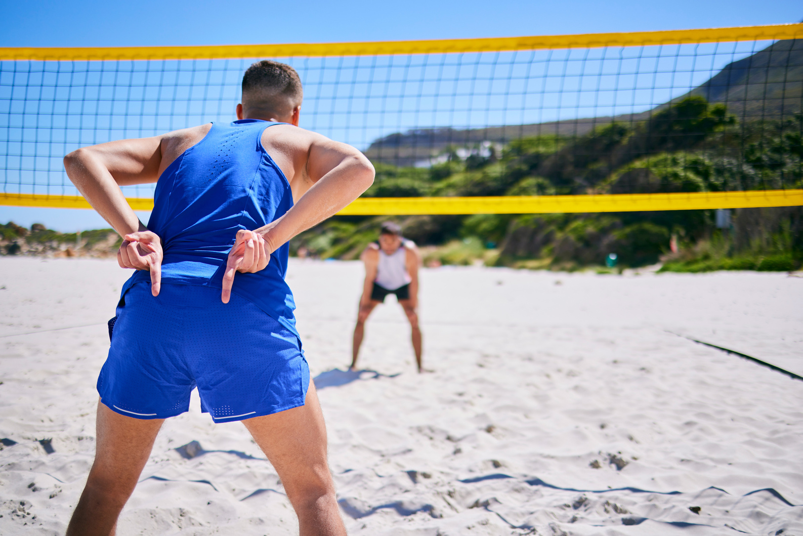 Volleyball, Exercise and Man at Beach with Hand Sign to  Block Angle of Attack. Sports, Back and Gesture of Athlete Outdoor in Workout, Training or Competition for Healthy Body, Wellness and Summer