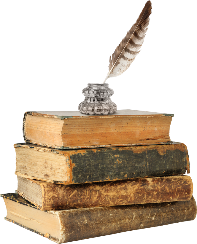 Stack of Old Books with Quill and Inkstand