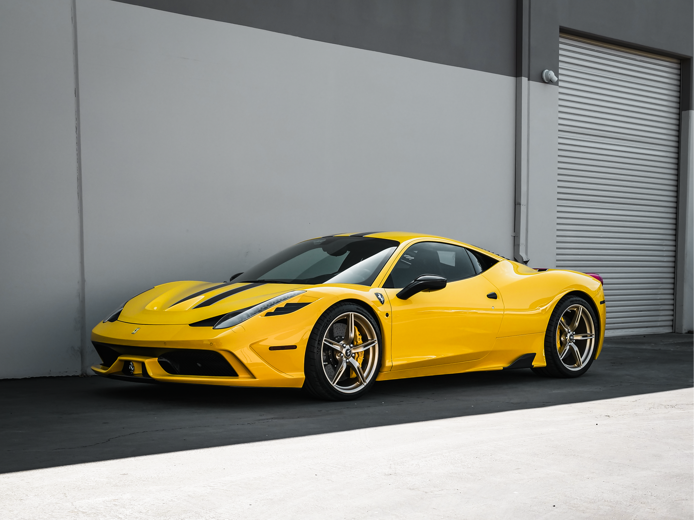 Yellow Ferrari 458 Italia Parked Near A Wall
